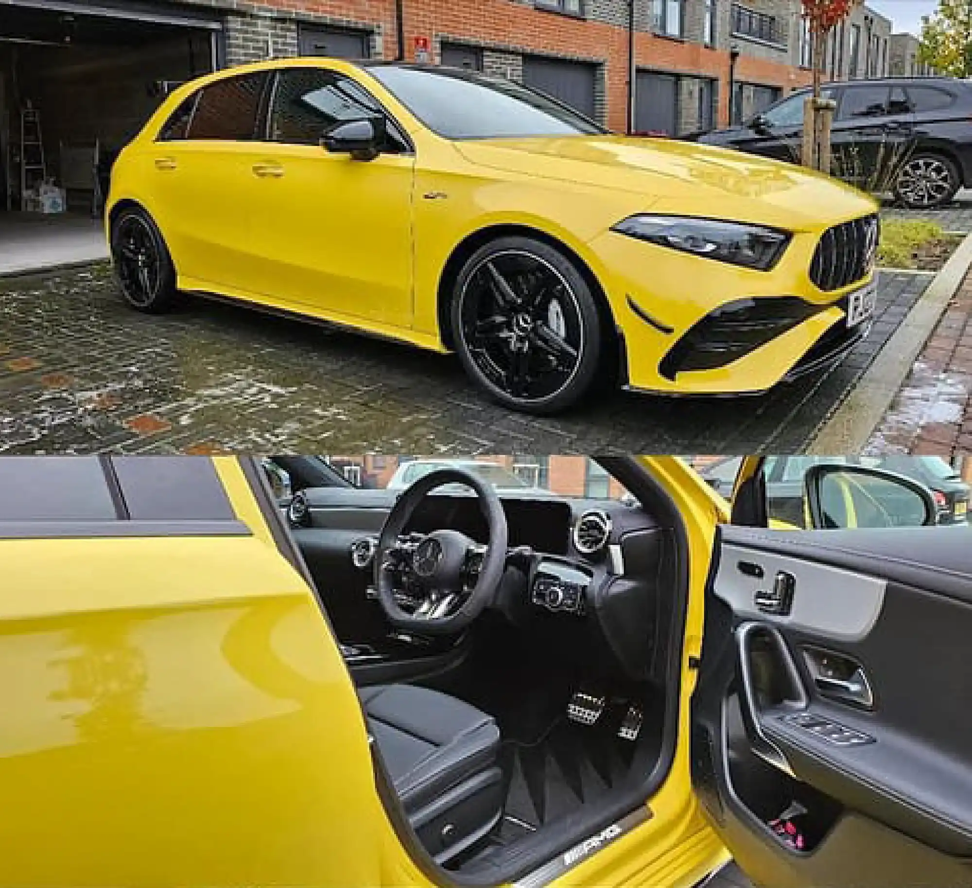 a yellow car parked in a parking bay